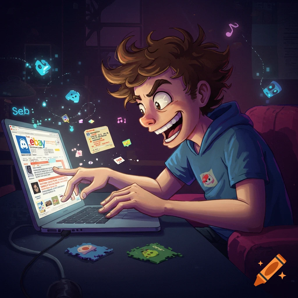 Cartoon illustration of a boy happily using a laptop, with digital items floating around.