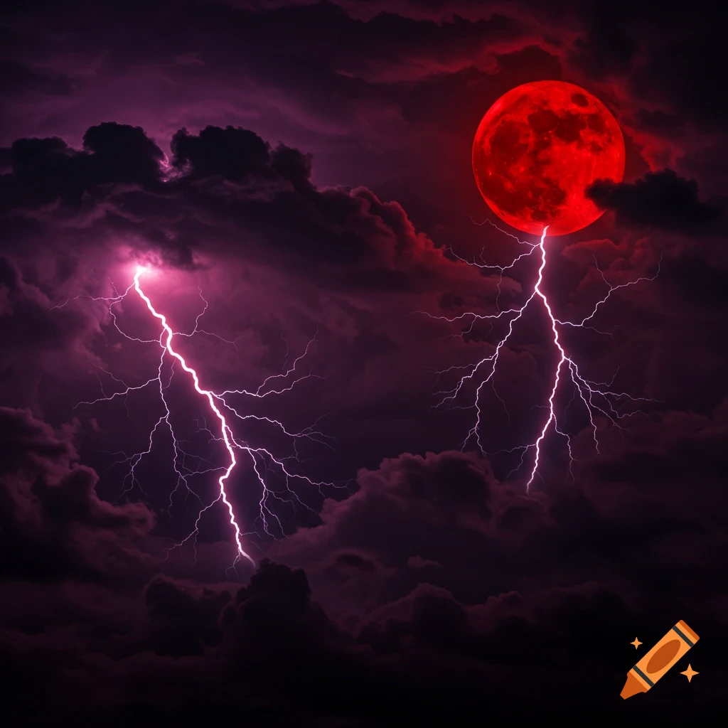 A blood moon hangs in a dark, stormy sky illuminated by pink lightning strikes.