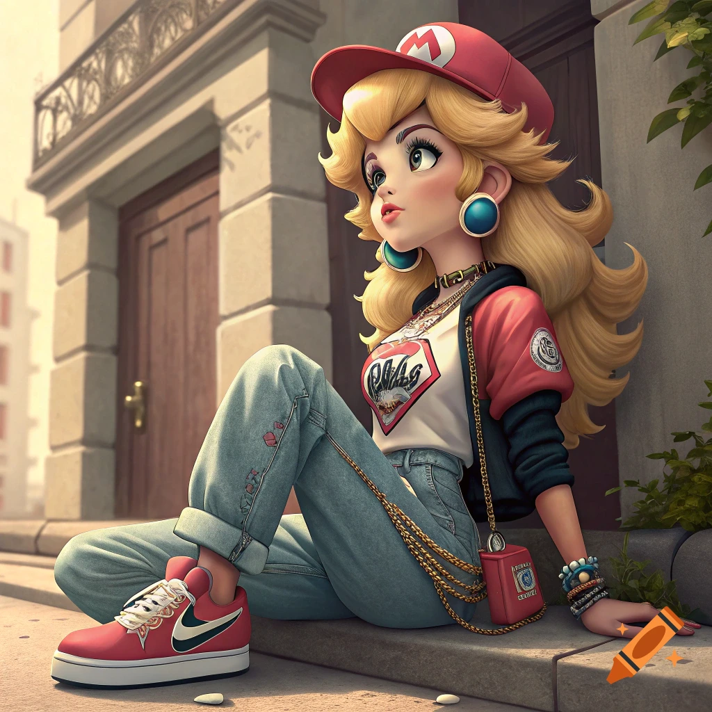 Stylized Princess Peach in modern street fashion sitting on steps.