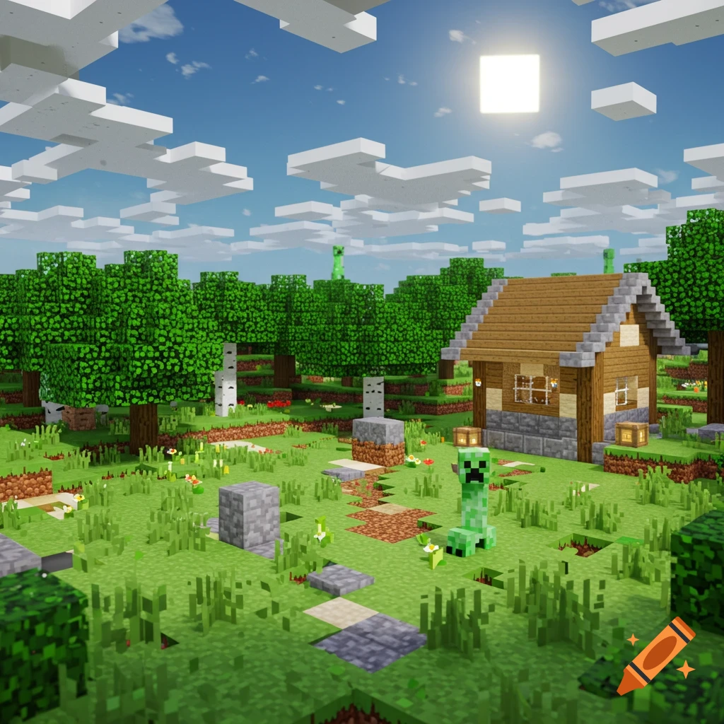 Minecraft landscape with a small house, trees, grass, and a Creeper.