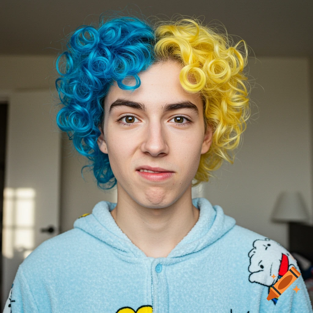 Close-up portrait of a young person with split blue and yellow curly hair, wearing a light blue onesie with a cartoon character.
