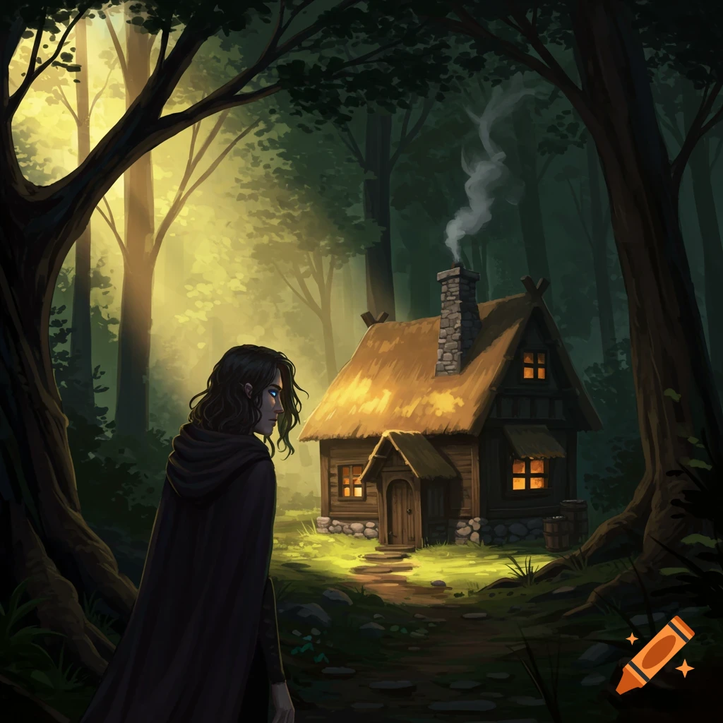 A cloaked person looks at a lit cottage in a forest at dusk.