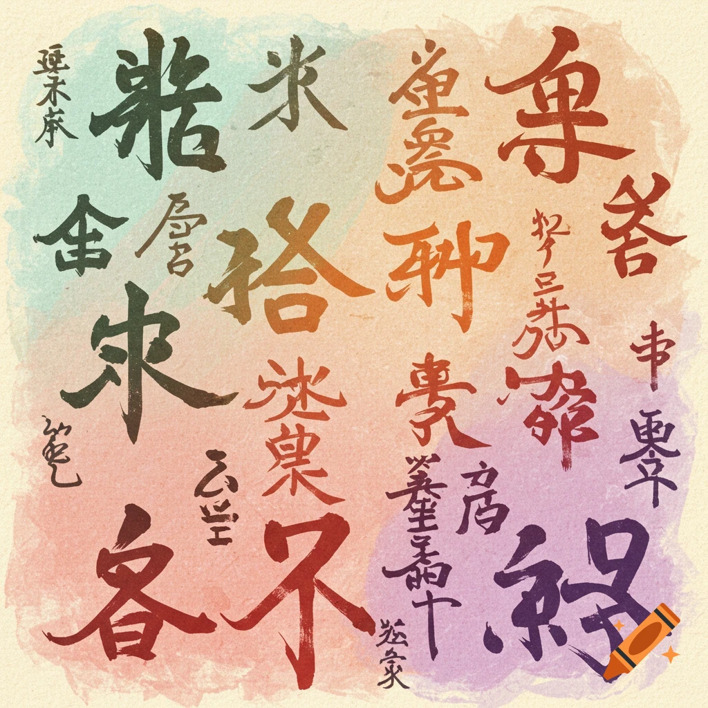 A collection of large, colorful calligraphic characters on a textured background with pastel watercolor effects.