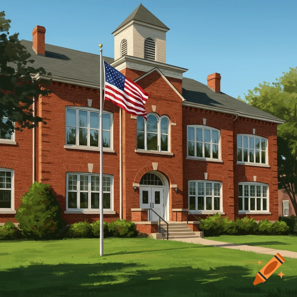 A red brick school building with an American flag flying in front.