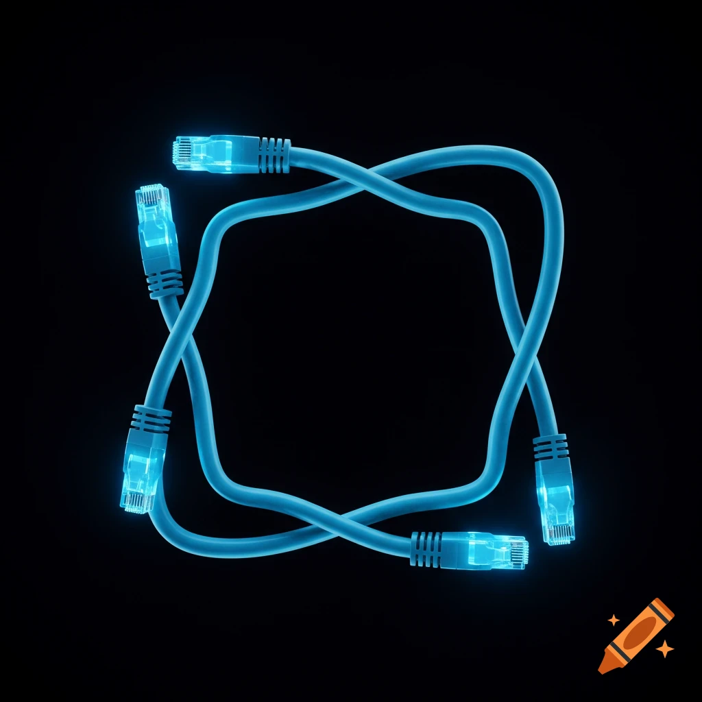 Glowing blue ethernet cables forming a square loop on black