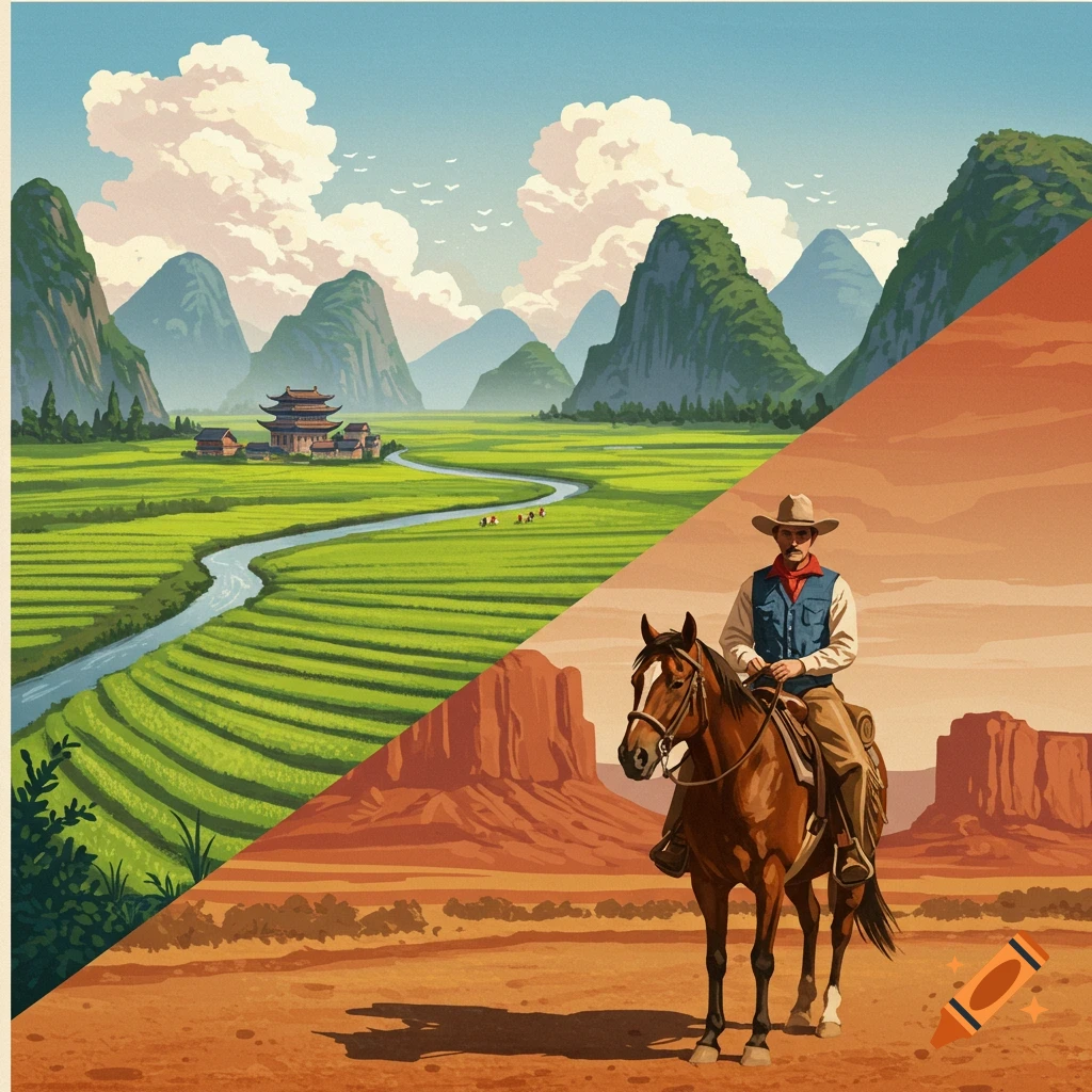 A split scene featuring a Chinese rural landscape on one side and a cowboy in a desert on the other.