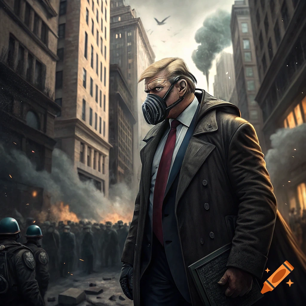 A person resembling Donald Trump wears a gas mask and trench coat in a ruined city street with smoke and crowds.
