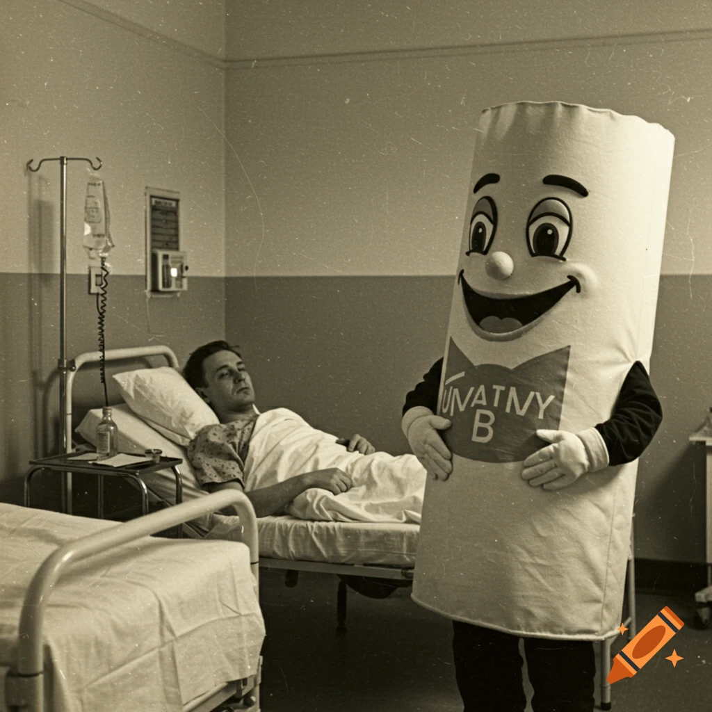 Black and white photo of a man in a hospital bed visited by a mascot.