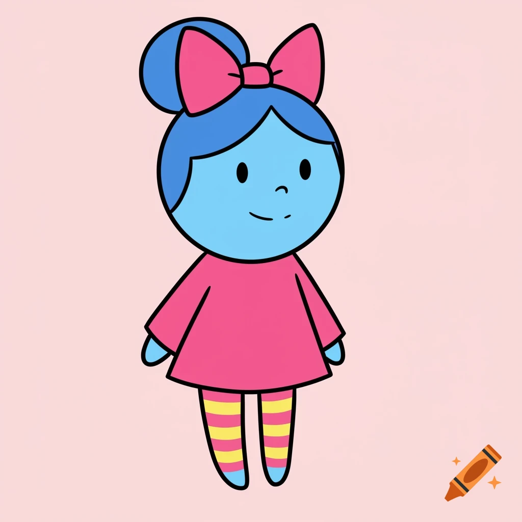 A simple cartoon illustration of a blue doll-like character wearing a pink dress, yellow and pink striped tights, and a large pink bow.