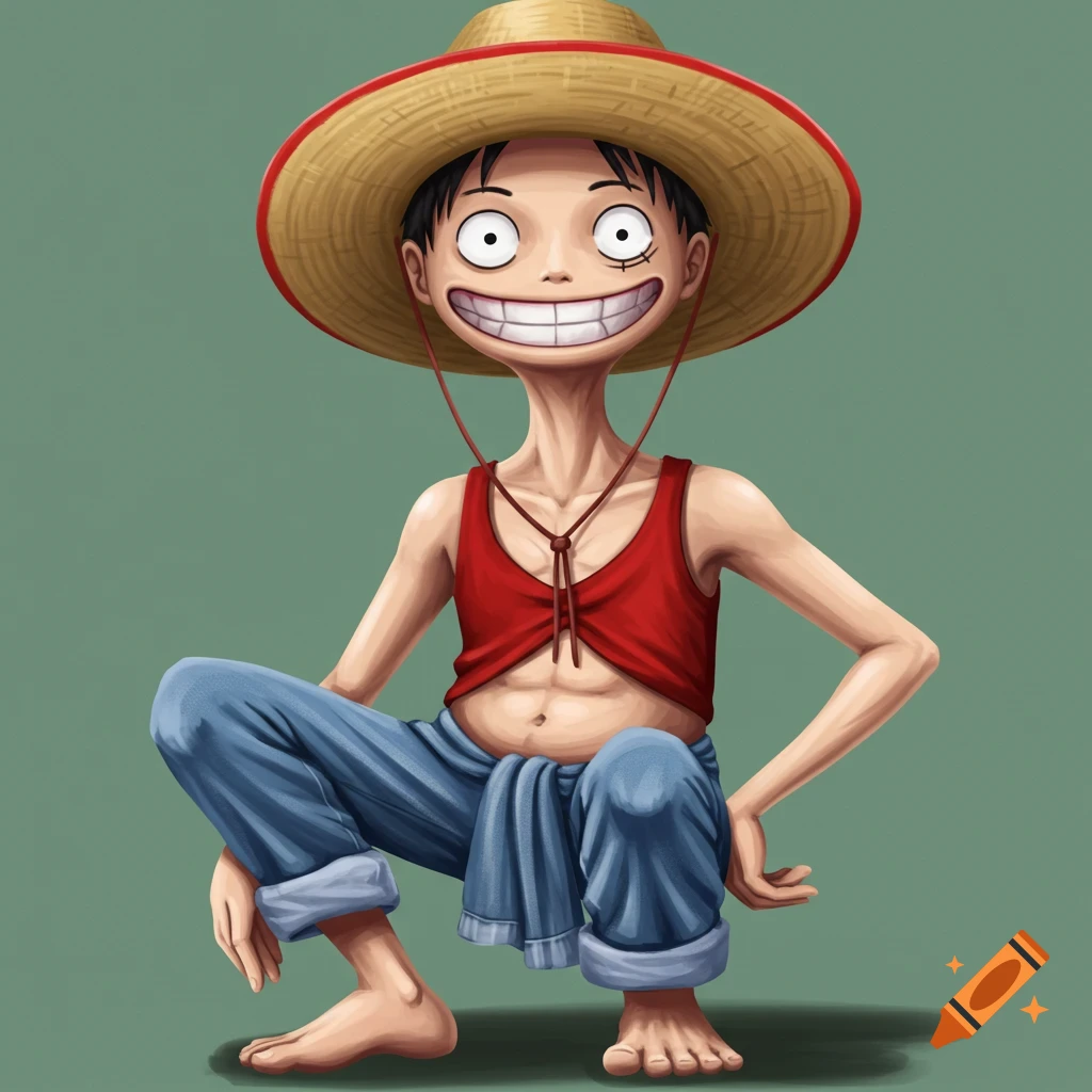 Stretchy animated character with a straw hat, red tank top, and blue jeans, squatting.