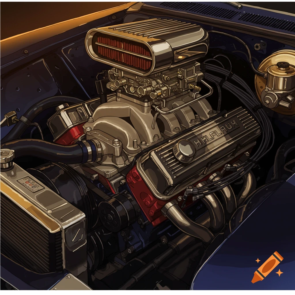 A detailed view of a car engine bay.