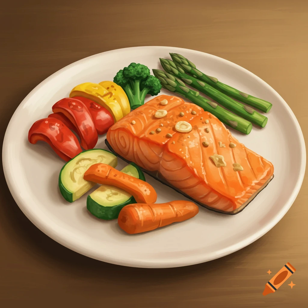 A plate of salmon, broccoli, asparagus, bell peppers, zucchini, and carrots arranged on a white plate.