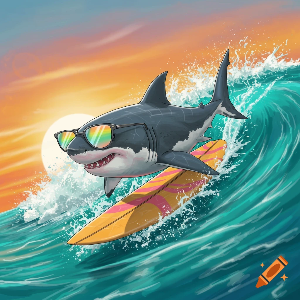 A cool shark wearing sunglasses surfs a large wave at sunset.