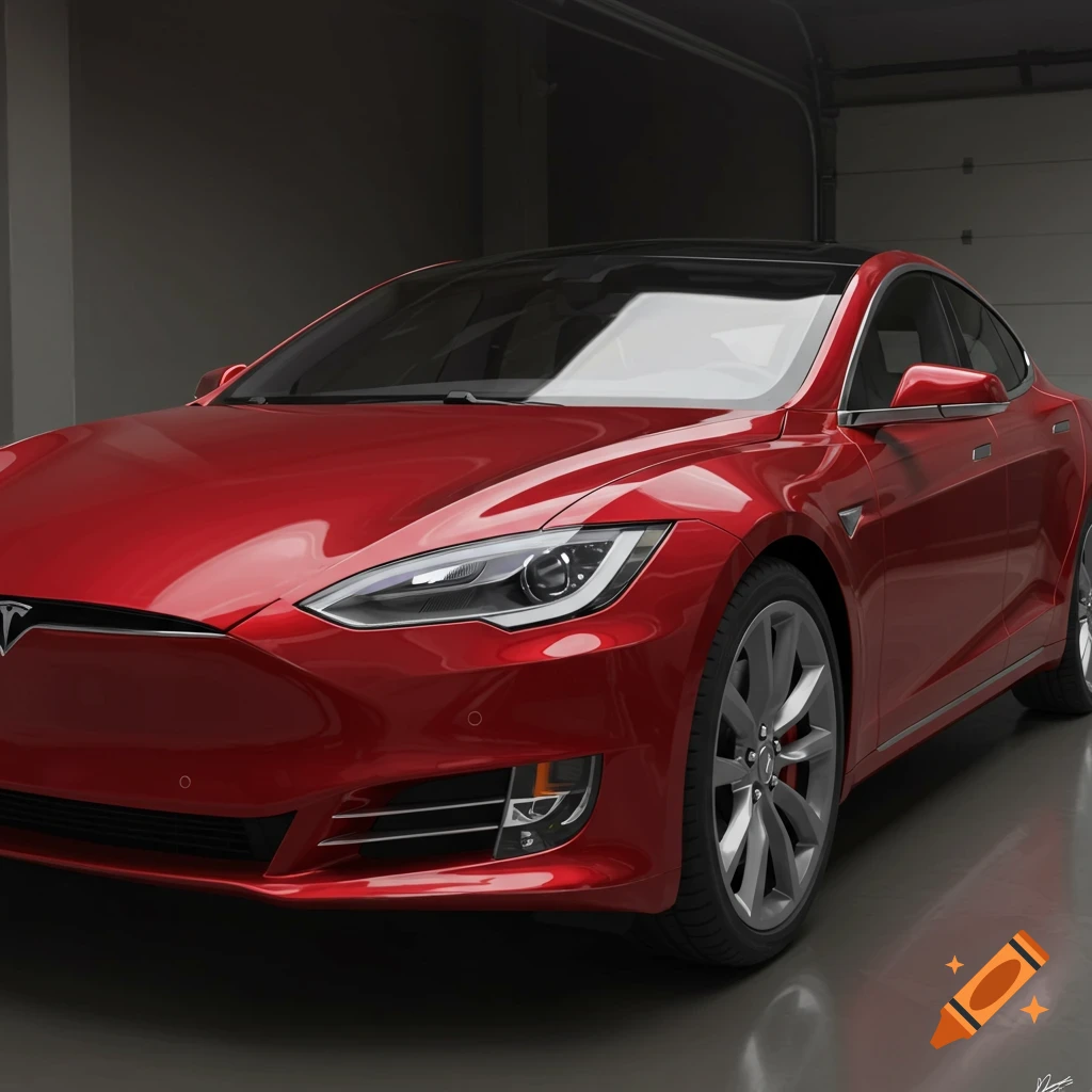 A red Tesla car in a garage