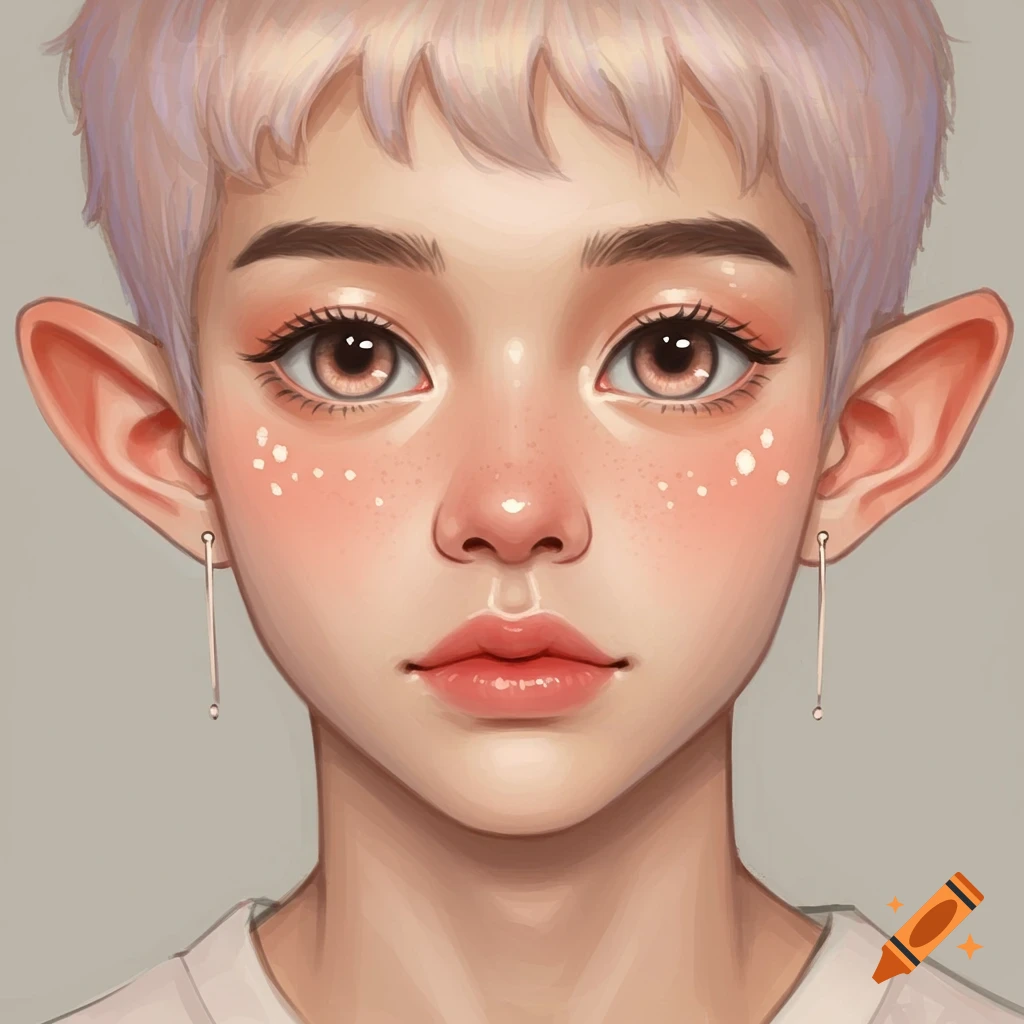 Close-up portrait of a character with large ears, big eyes, freckles, and short hair.