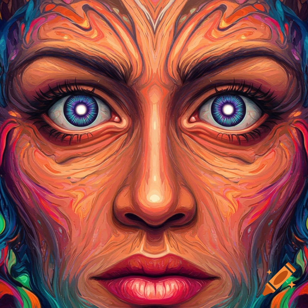 Close-up of a face covered in vibrant, swirling psychedelic patterns.
