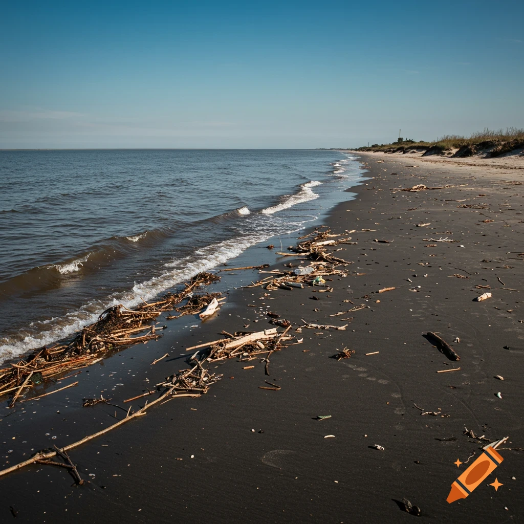 A beach covered in driftwood and debris with waves washing ashore under a clear blue sky.