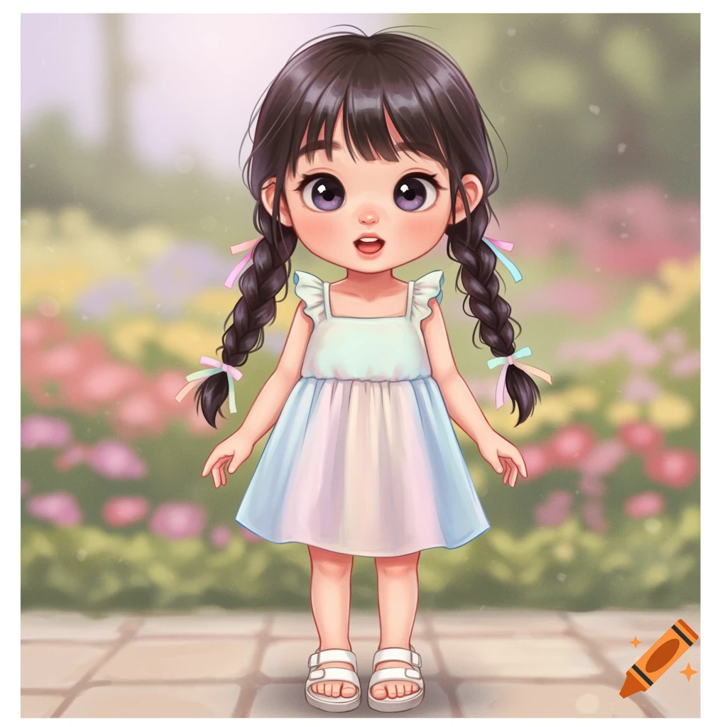 Cute cartoon girl with braided hair and ribbons in a pastel dress stands in a blurred garden.