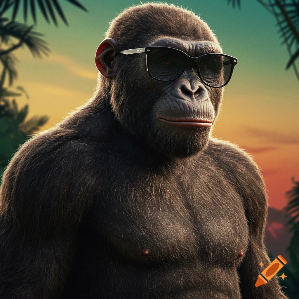 An ape wearing sunglasses poses in a jungle setting at sunset.