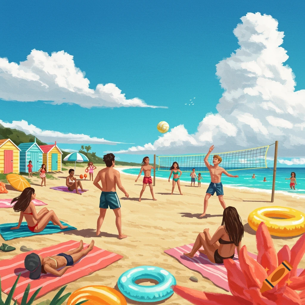 People playing volleyball and relaxing on a sunny beach with colorful beach huts.