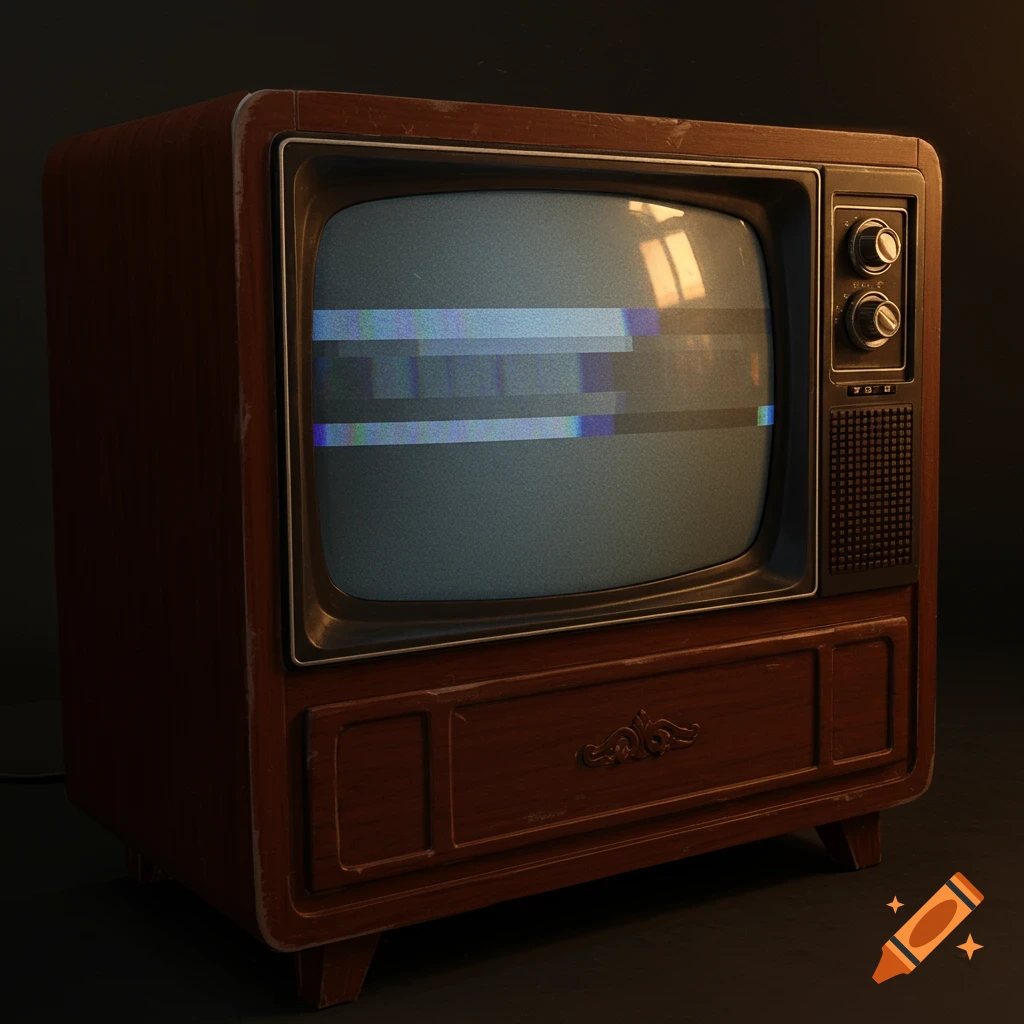 A vintage TV set displays a screen of static, indicating no signal