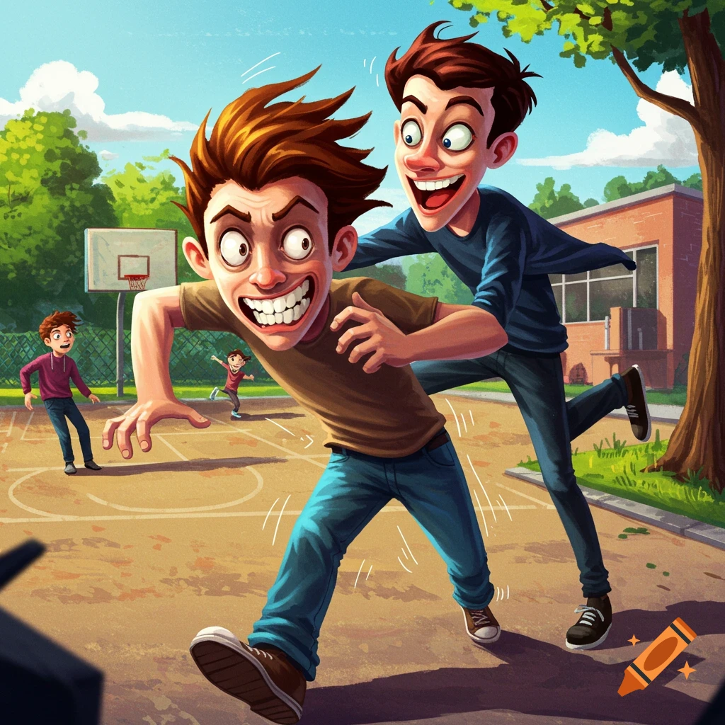 Cartoonish depiction of two excited boys running on a basketball court