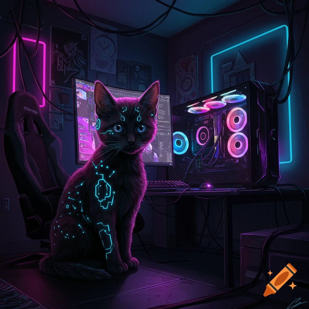 A cyberpunk cat sits in a neon-lit gaming room in front of an RGB PC.