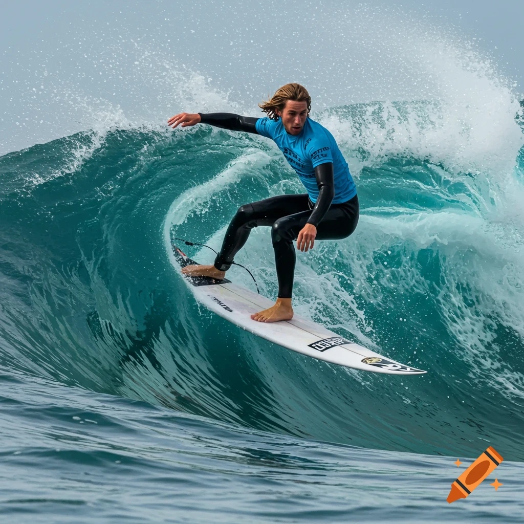 A surfer rides a large wave on a white surfboard.