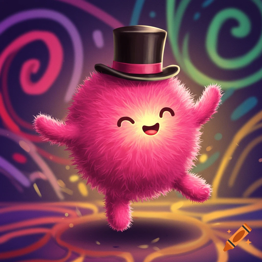A pink fuzzy creature wearing a top hat dances with a joyful expression in front of a colorful, swirling background.