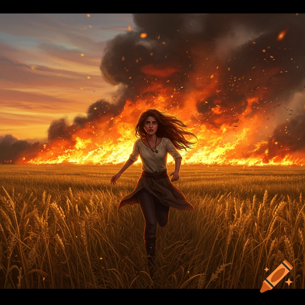 A woman runs through a burning wheat field at sunset.