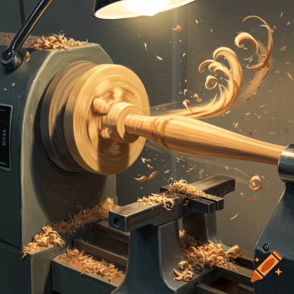 A baseball bat being turned on a wood lathe with shavings flying