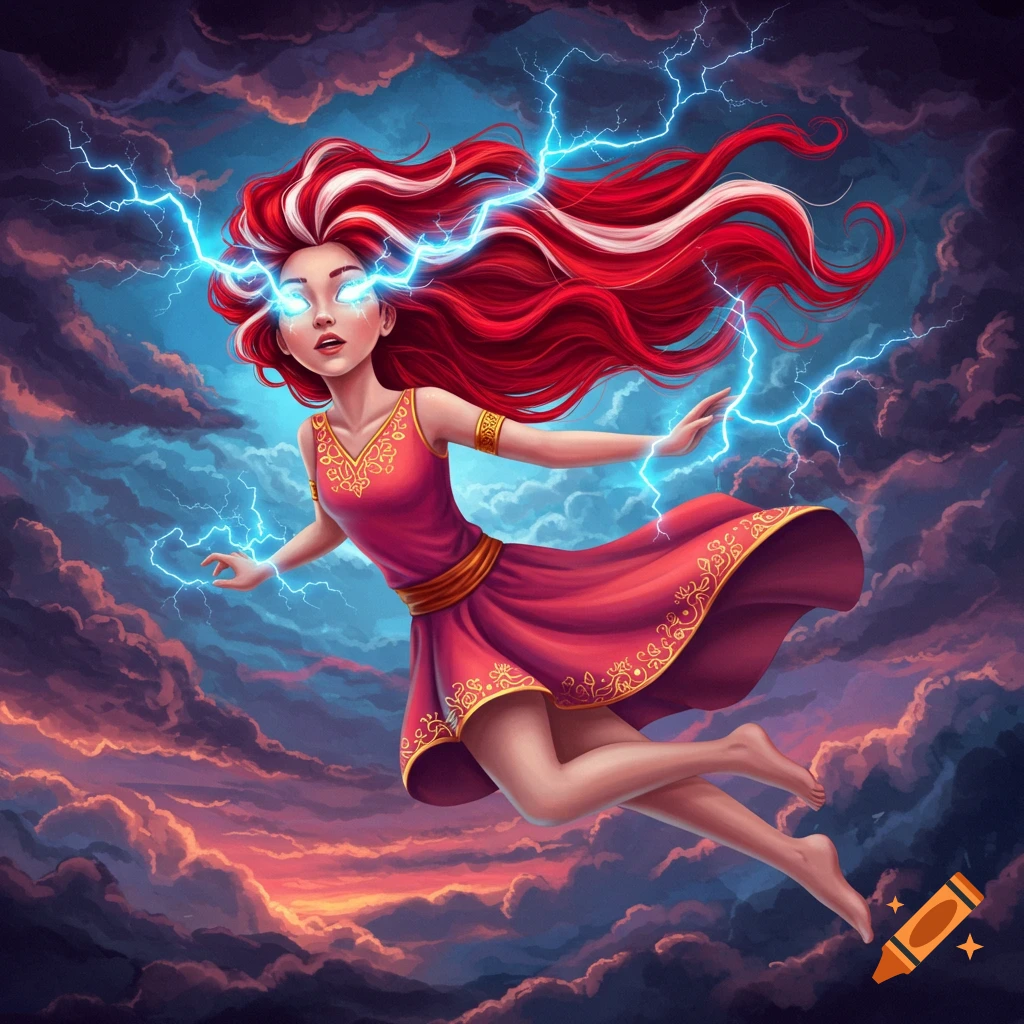 A girl with red hair flies through stormy clouds, generating lightning from her eyes and hands.