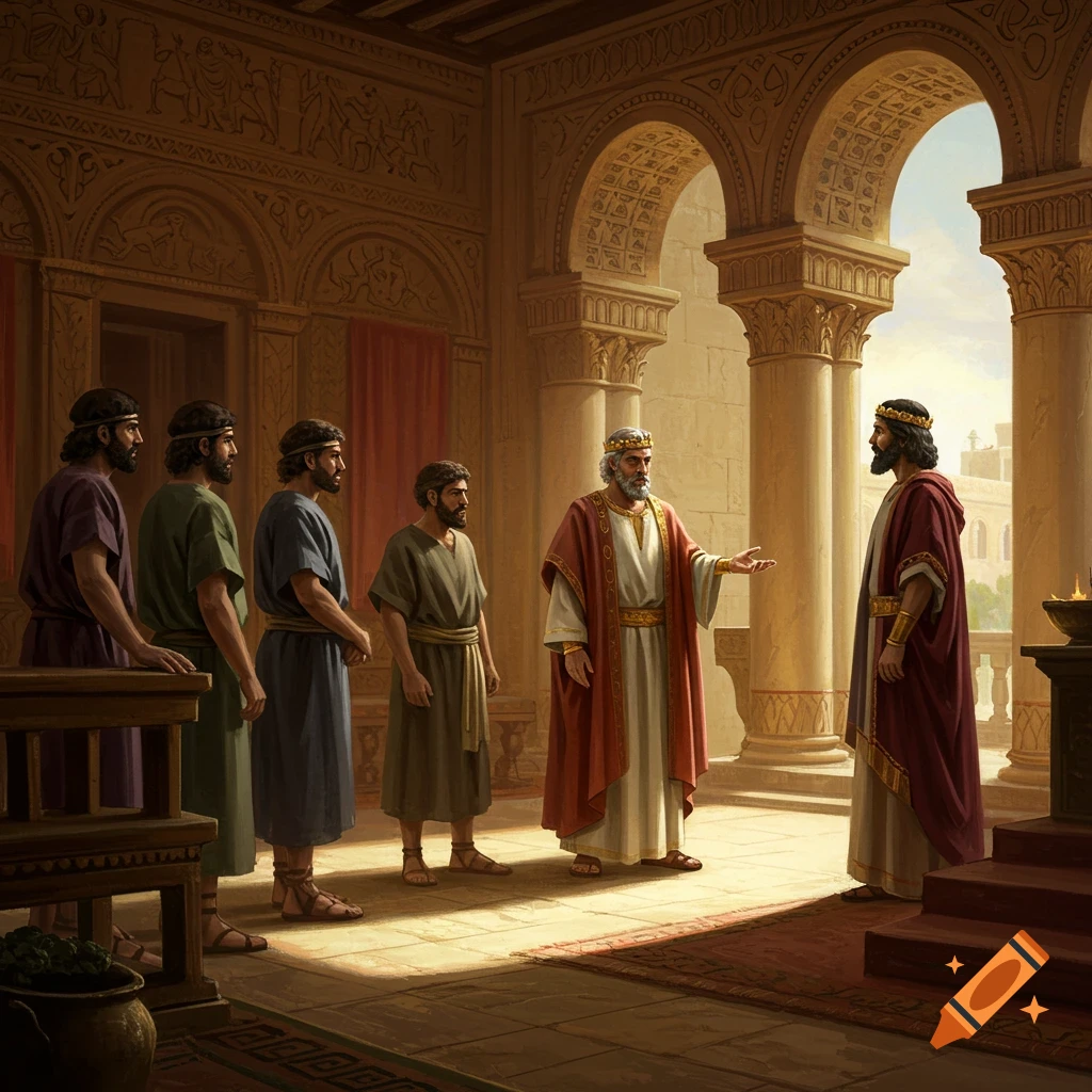 A king is speaking to men in a large palace room with columns.