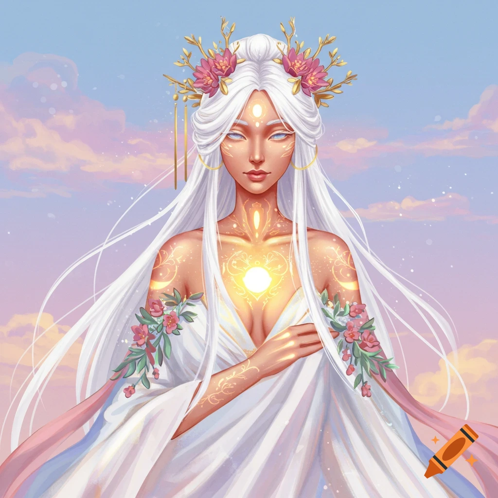 A deity with long white hair, glowing chest, and flowers, against a sky background.