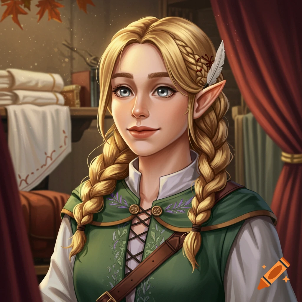 An elf woman with braided blonde hair in a green tunic.