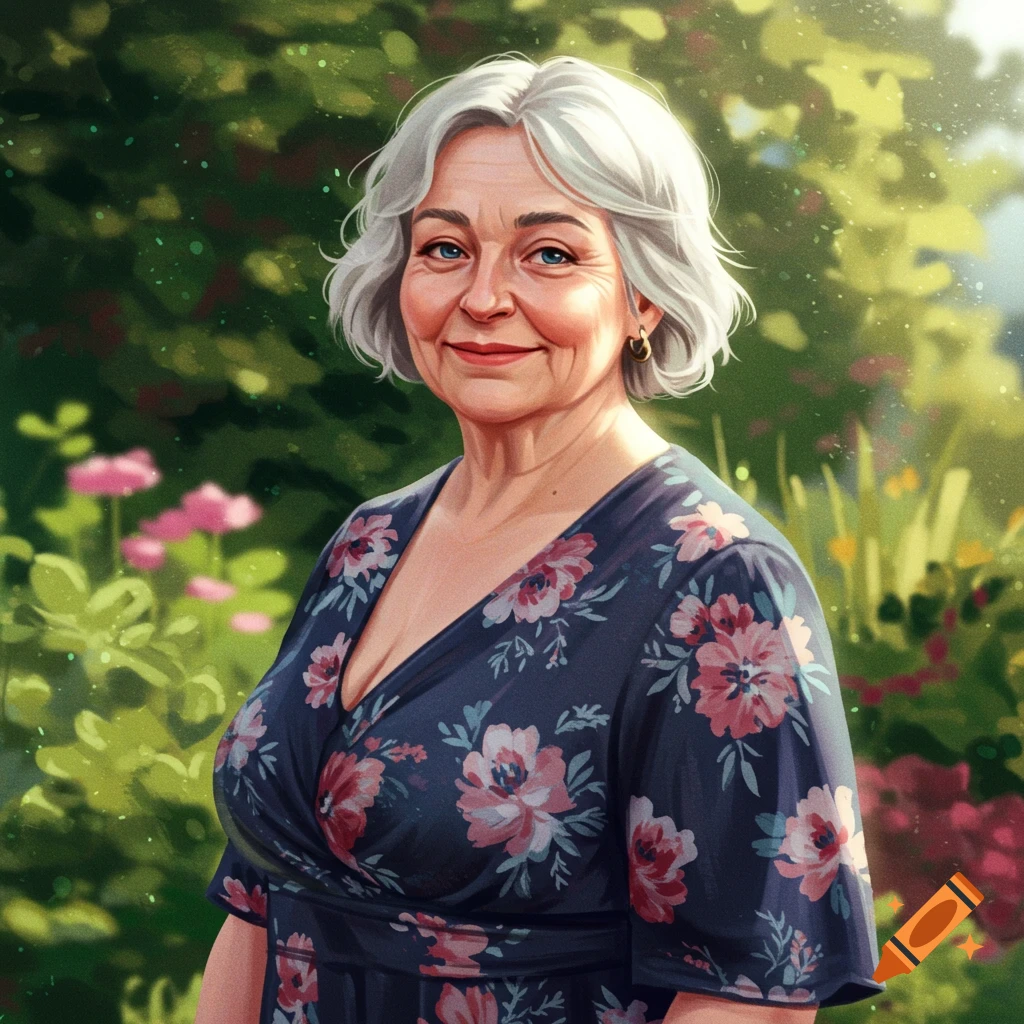 Older woman with grey hair smiling in a garden.