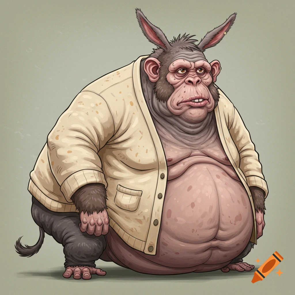A fat monkey and donkey hybrid wearing a cardigan