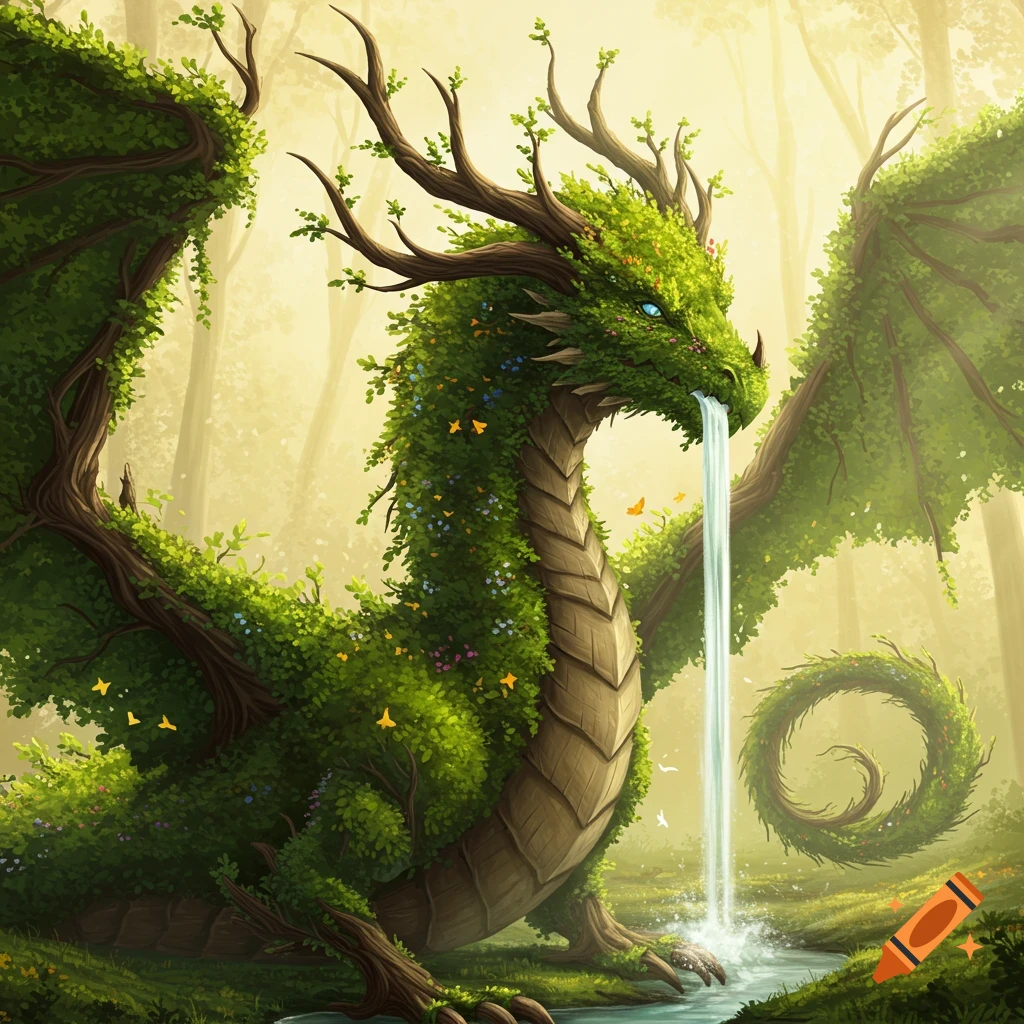A dragon made of leaves, vines, and branches in a sunny forest, with a waterfall flowing from its mouth.