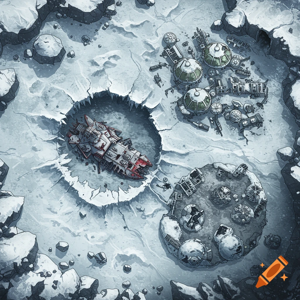 Top-down sci-fi map of a crashed spaceship in a crater on a frozen moon, with nearby bases.