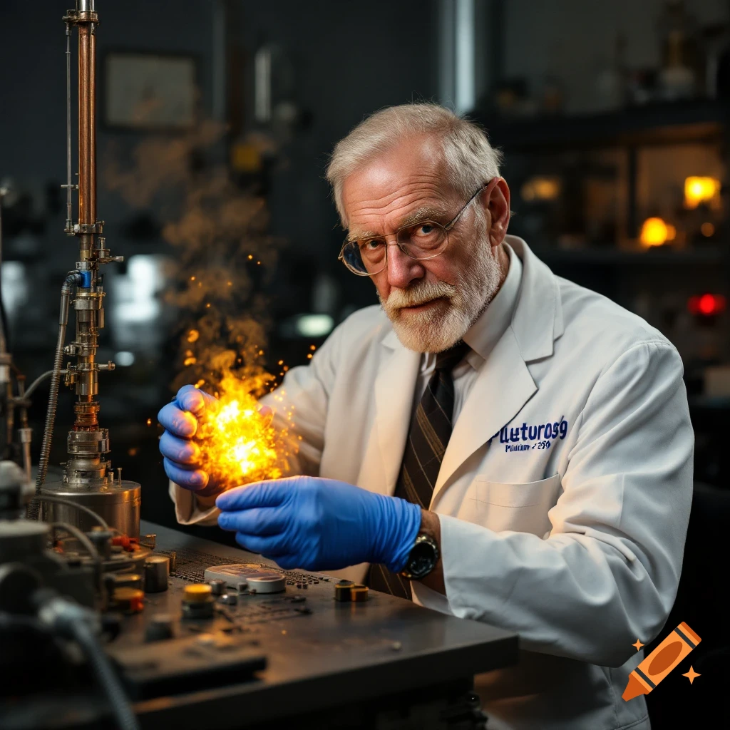 Realistic portrait of a scientist in a lab coat and gloves holding fiery material.
