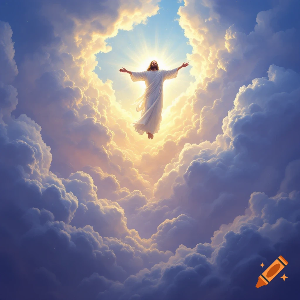 Jesus figure ascends into bright, swirling clouds with arms outstretched