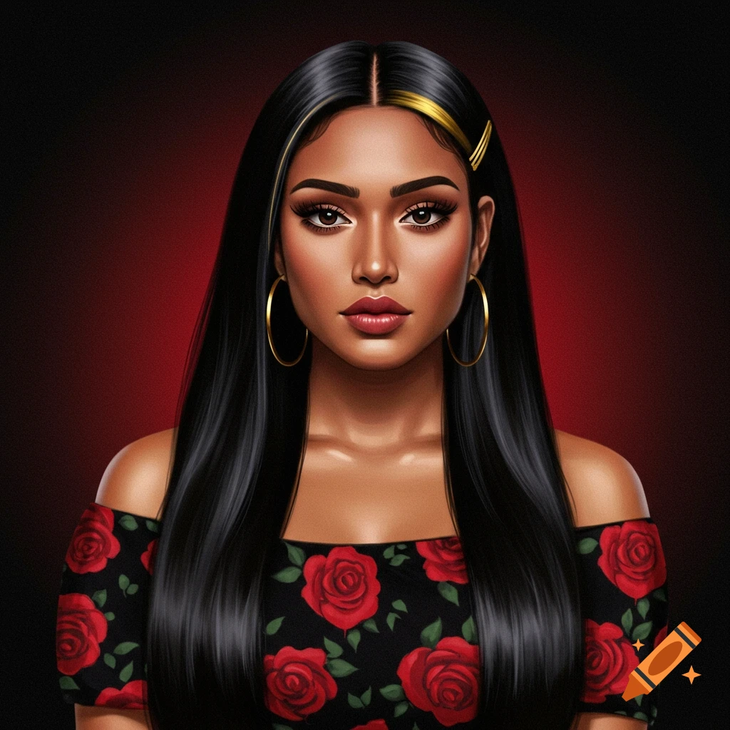 A digital portrait of a woman with long black hair, gold highlights and pins, hoop earrings, wearing a black off-the-shoulder dress with red roses.