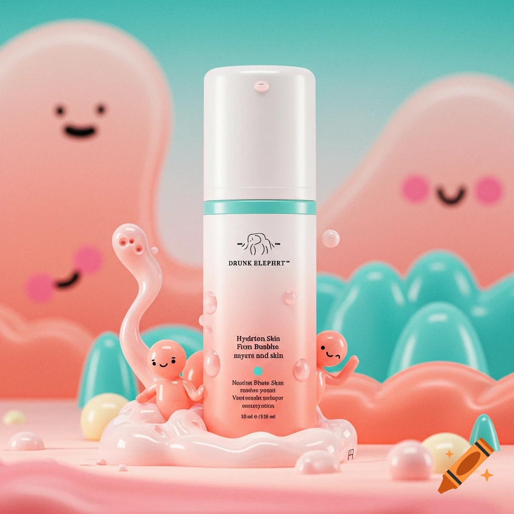 A skincare product bottle is shown with cute characters in a pink and teal setting