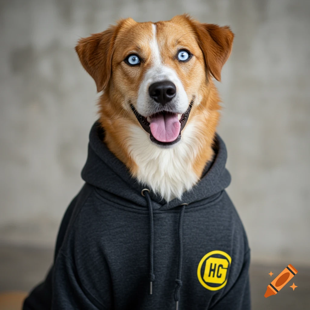 A golden brown and white dog wearing a dark gray hoodie with a yellow logo sits looking forward with bright blue eyes and its tongue out.