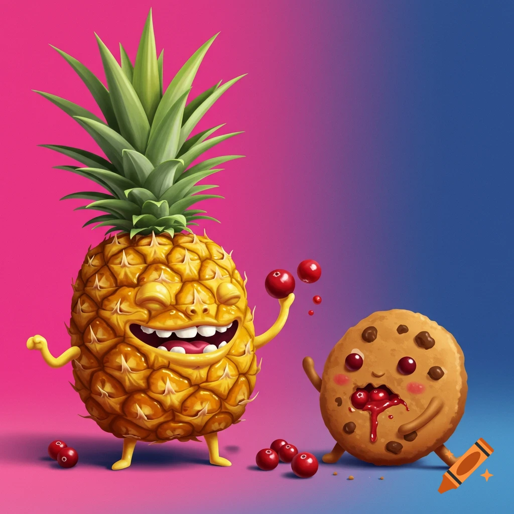 A cheerful anthropomorphic pineapple character and a cookie character eating cranberries.