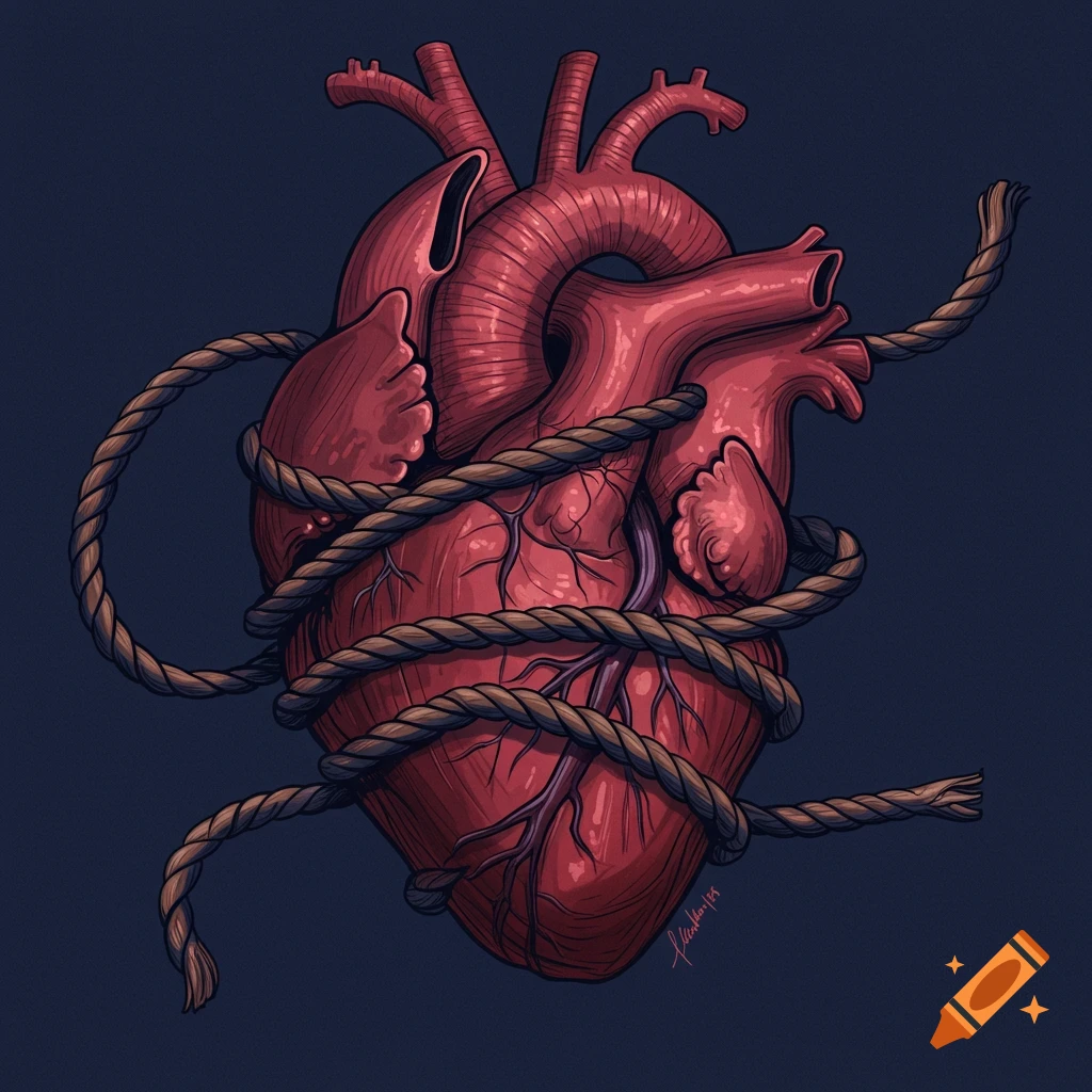 Anatomical heart wrapped in ropes