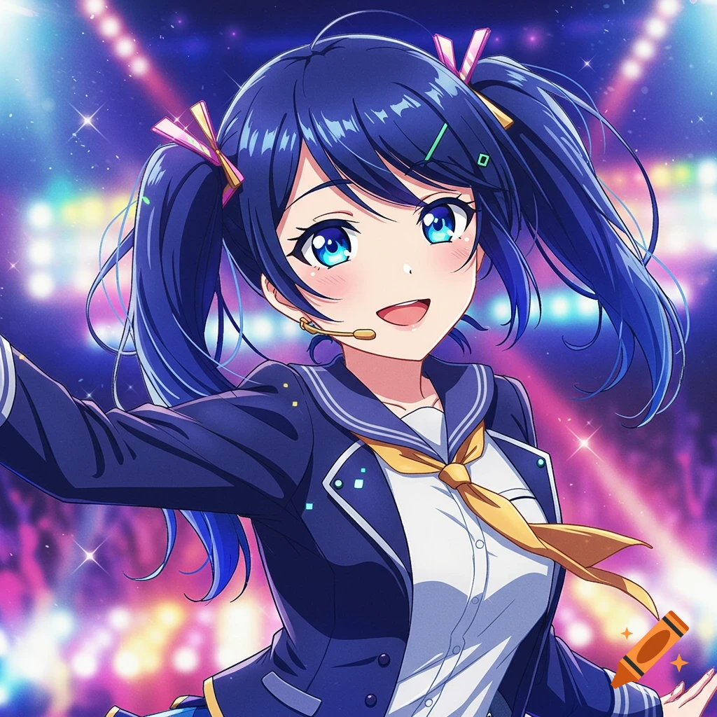 An anime girl with blue twin tails performs on a stage.