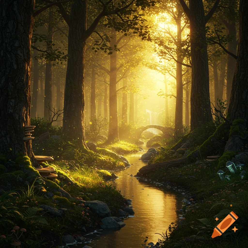 A magical forest stream at golden hour with sunlight filtering through trees.