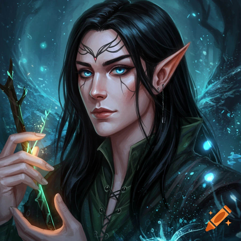 Image of a dark-haired elf with blue eyes, holding a glowing staff.