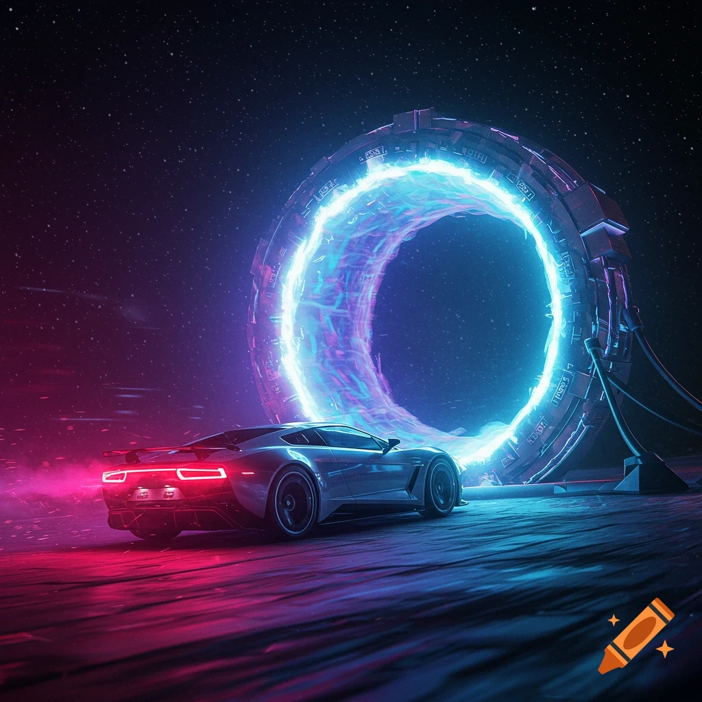 A futuristic car sits before a glowing blue and pink sci-fi portal against a starry space background.